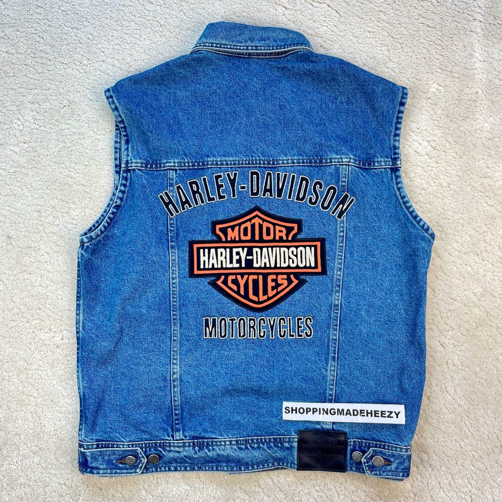 [L] HARLEY DAVIDSON MOTORCLOTHES EMBROIDERED PATCH Denim Jean Jacket Blue